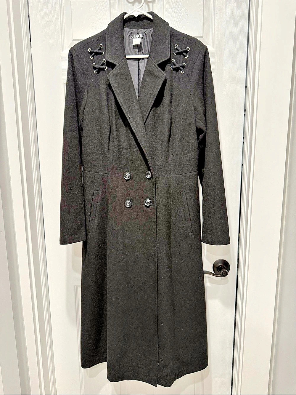 VENUS Women's Black Lace-Up Long Coat Size XL